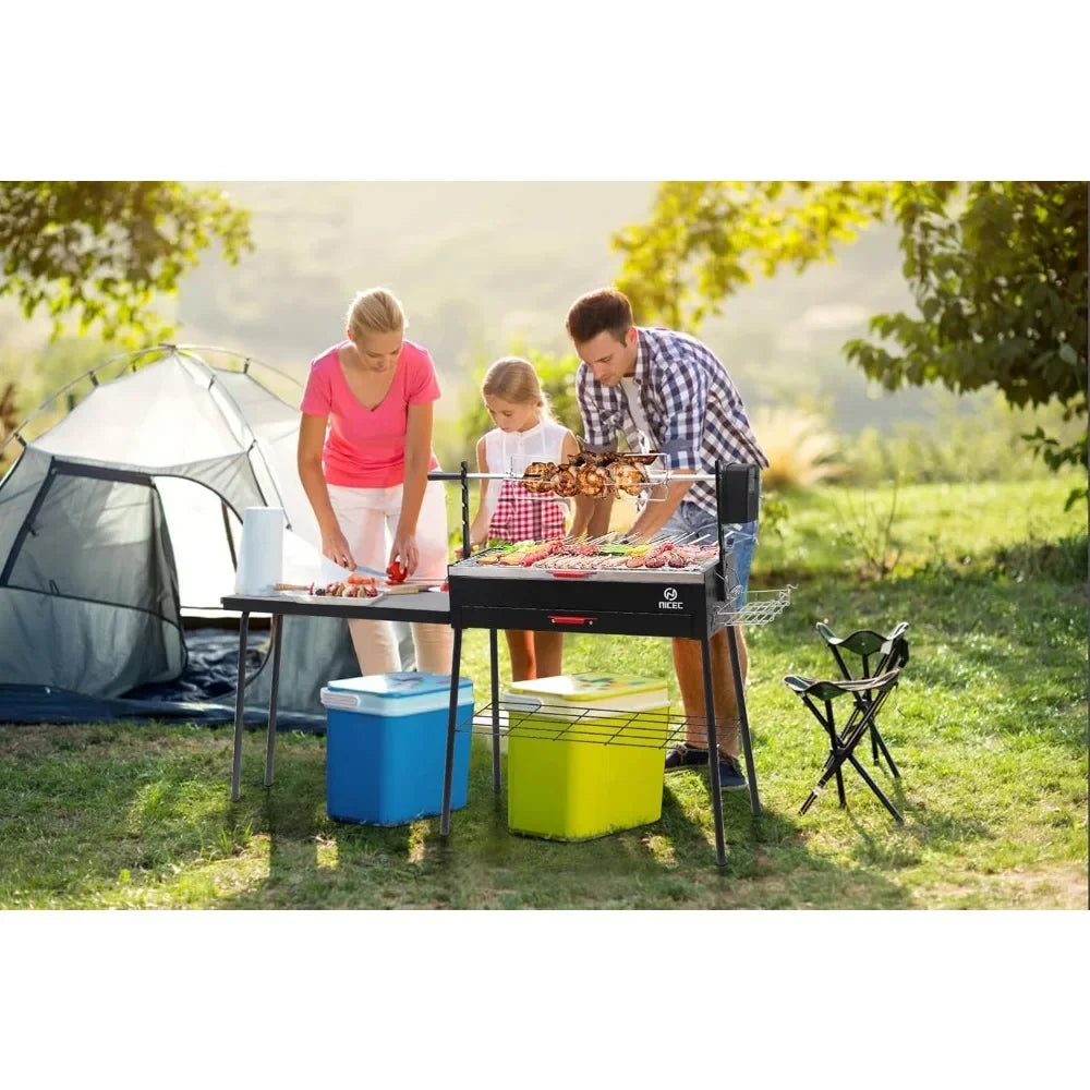Portable Charcoal Grill with Rotisserie and Detachable Table