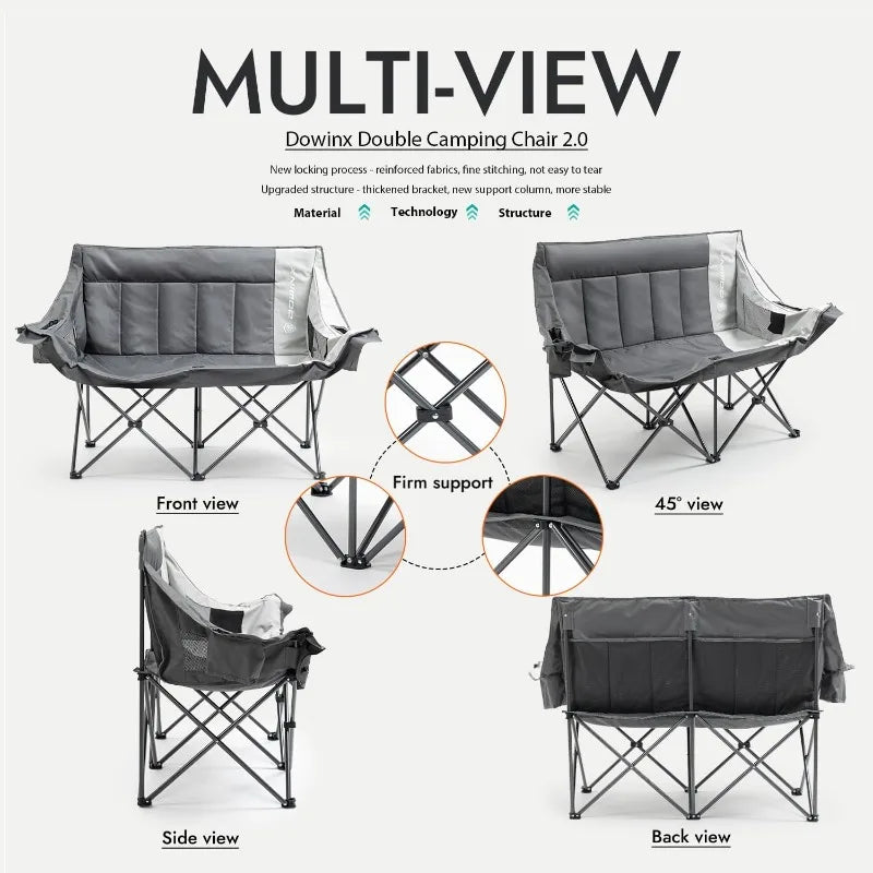 Dowinx Double Camping Chair Loveseat, Portable Folding Outdoor Lawn Chair with Padded Seats, Armrests, Side Pockets,