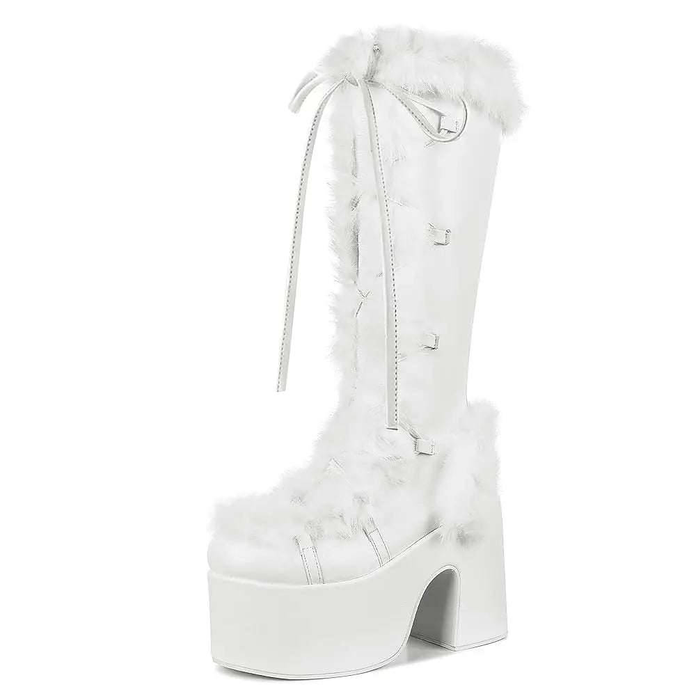 GIGIFOX Fur Super Chunky Heeled Platform Boots For Women
