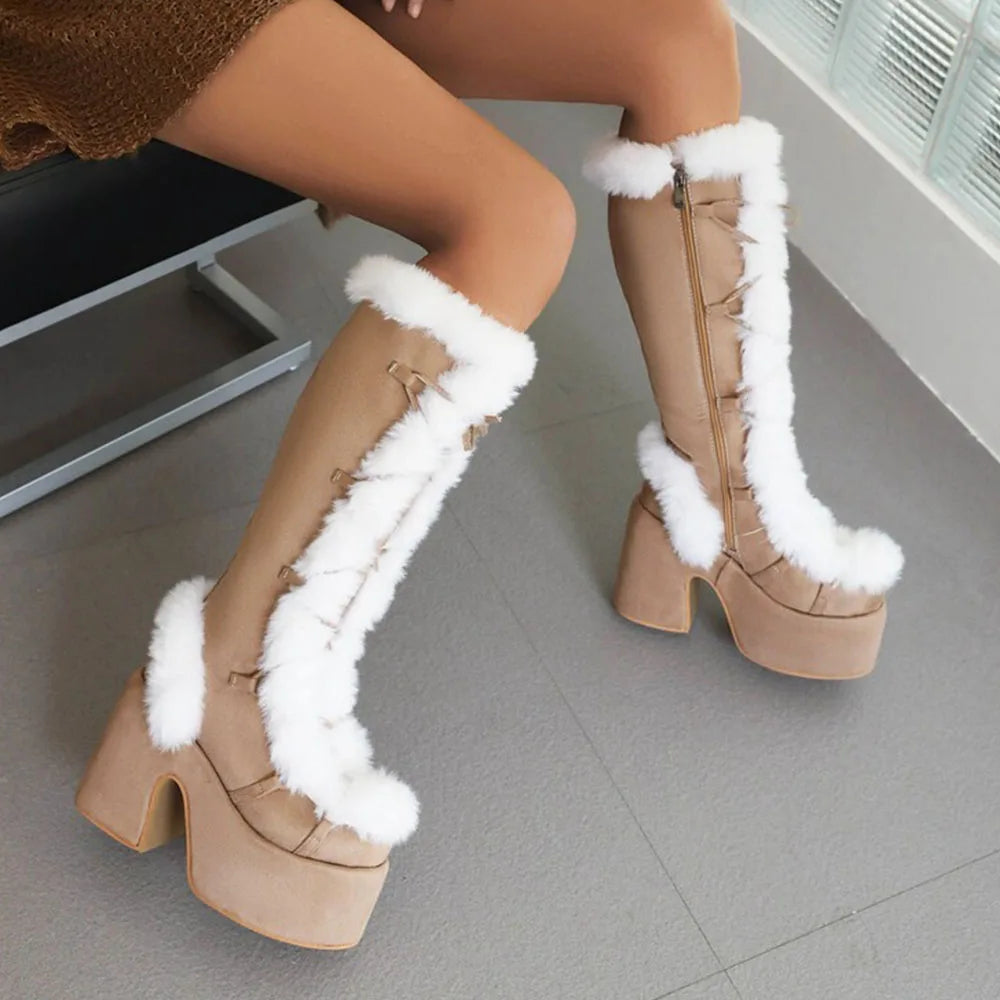 GIGIFOX Fur Super Chunky Heeled Platform Boots For Women