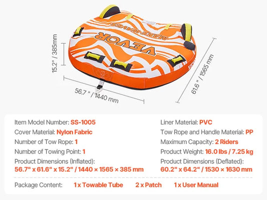 Hign Concerned Towable Two Rider Boat Tube For Water Sports