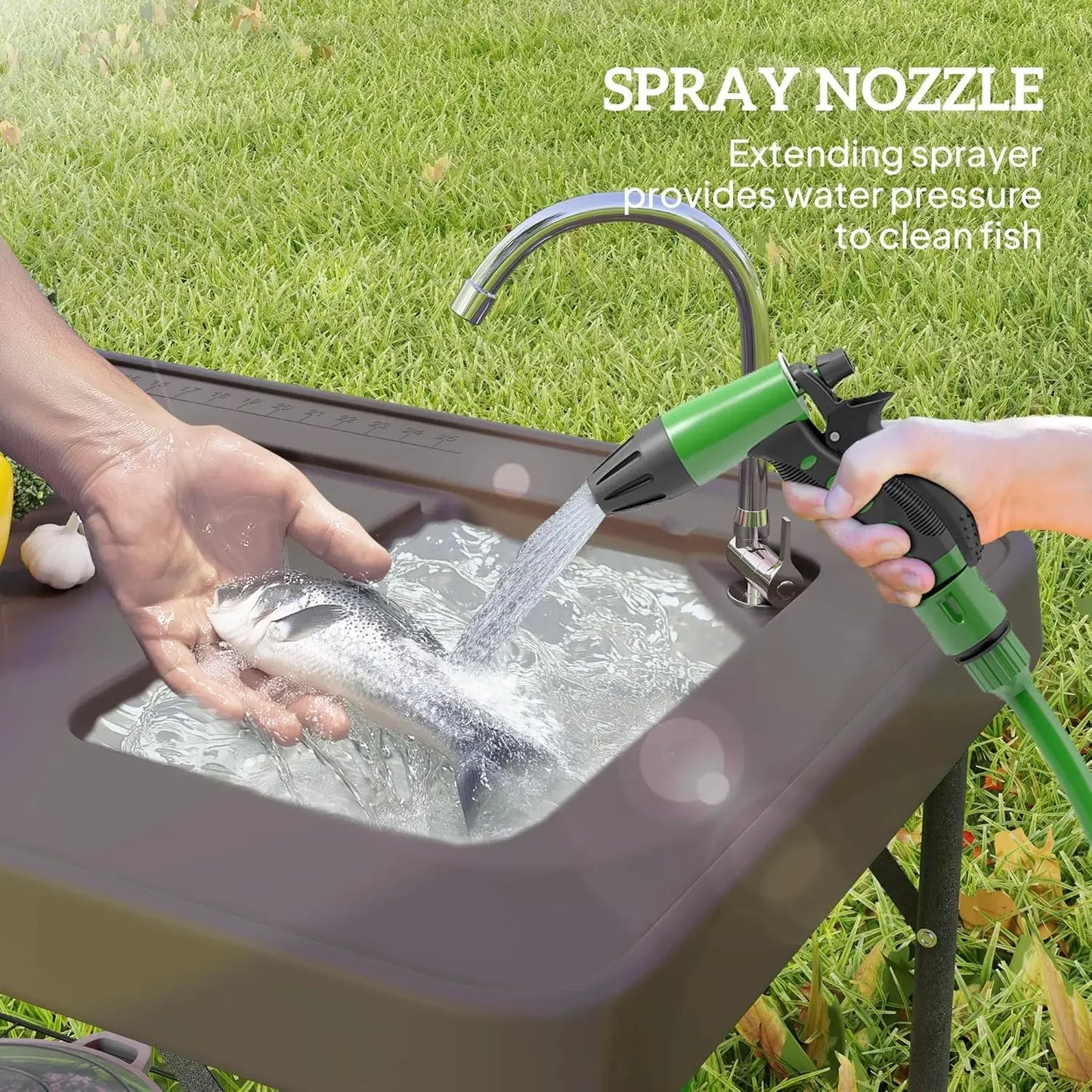 Folding Fish Cleaning Table with Sink,Portable Camping Sink Station with Faucet,Drainage Hose,Sprayer,Grid Rack and Knife Groove
