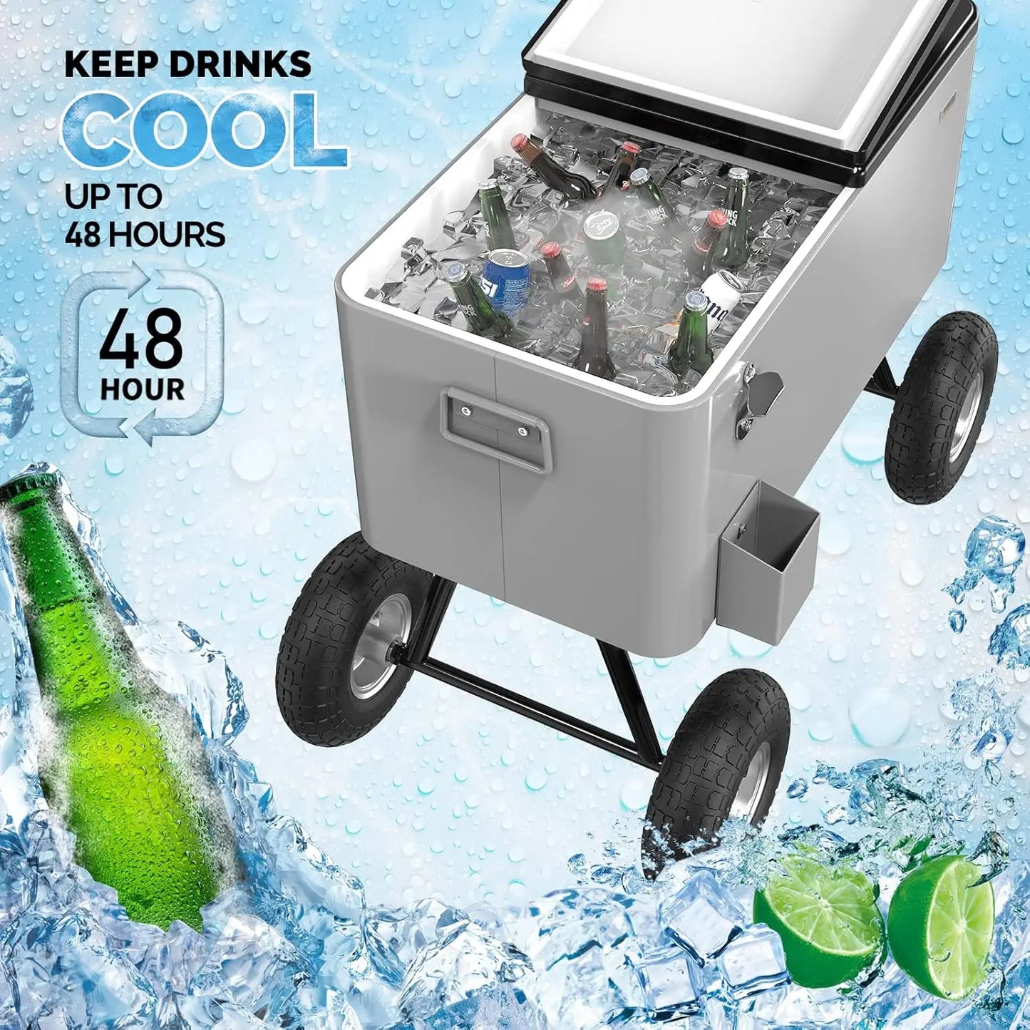 80 Quart Wagon Rolling Cooler Ice Chest, w/Long Handle and 10" Wheels, Portable Beach Patio Party Bar Cold Drink Beverage