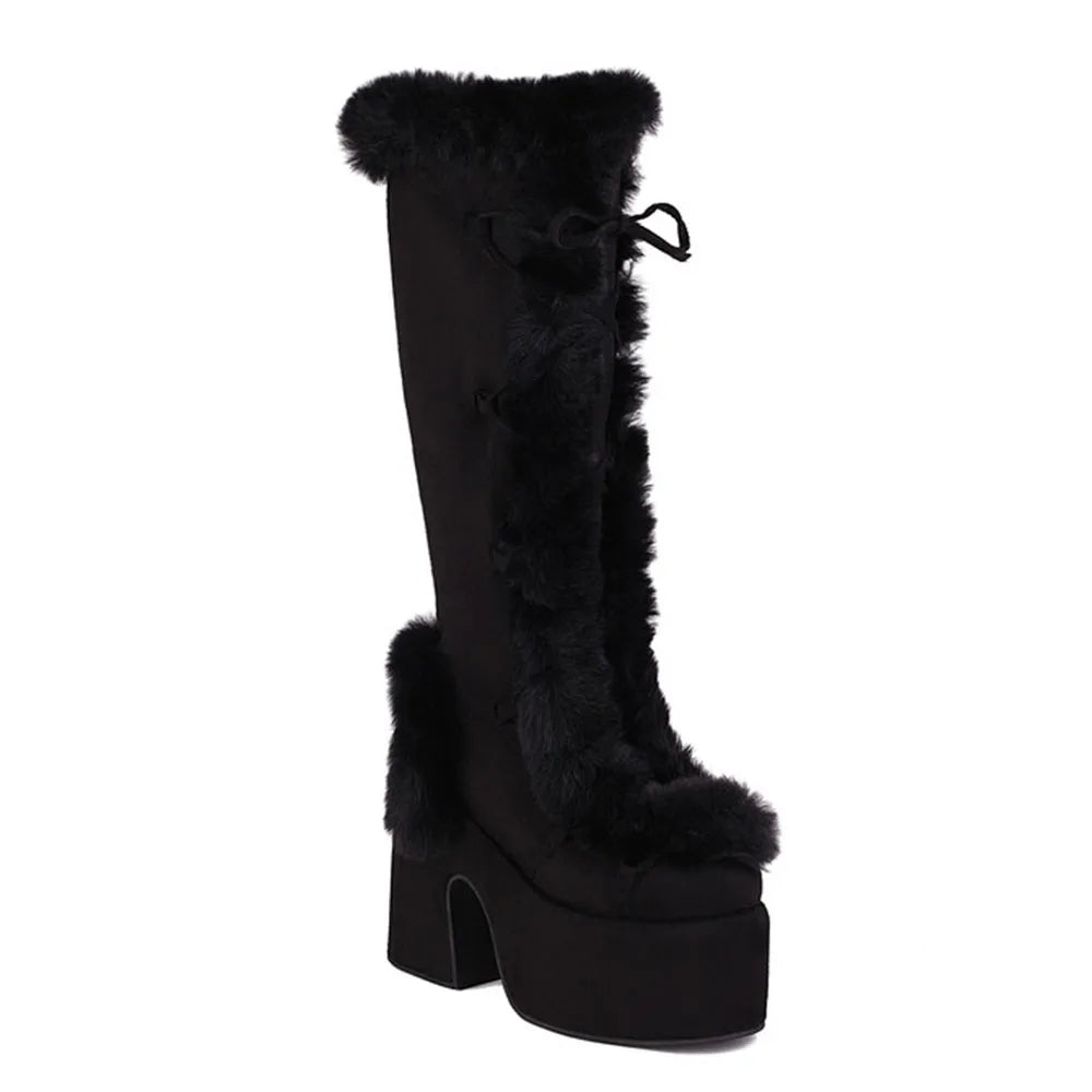 GIGIFOX Fur Super Chunky Heeled Platform Boots For Women