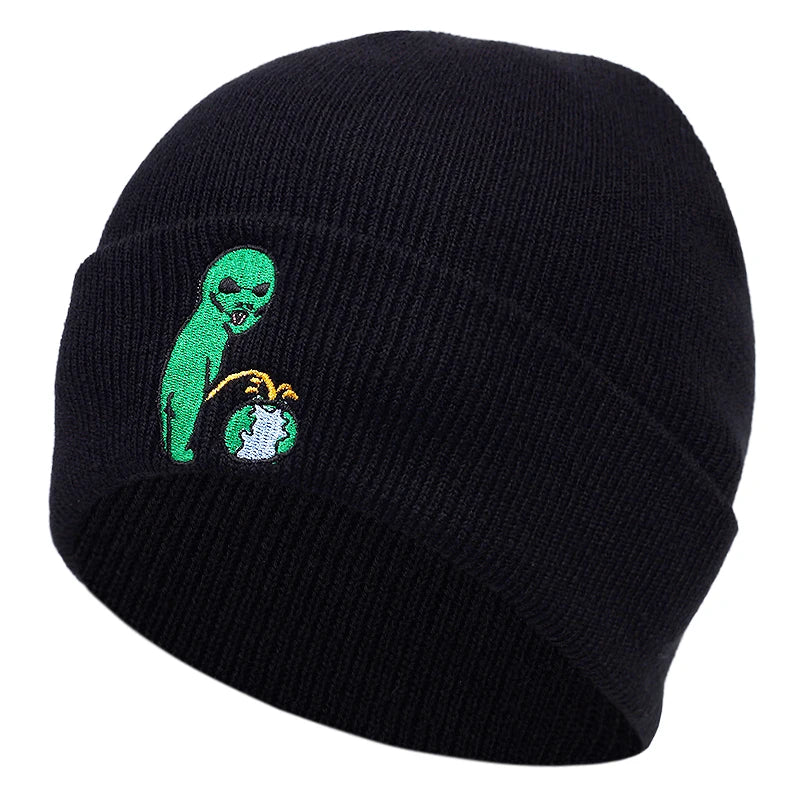 CN Zhejiang Alien Embroidery Beanie Hat Unisex Warm Winter Cap