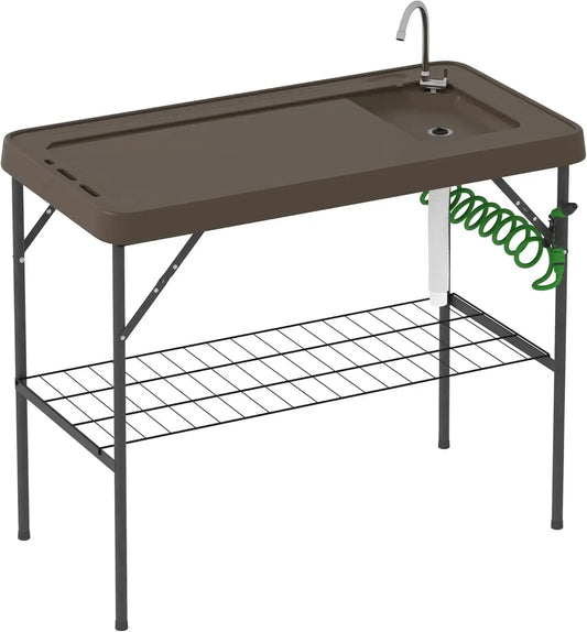 Folding Fish Cleaning Table with Sink,Portable Camping Sink Station with Faucet,Drainage Hose,Sprayer,Grid Rack and Knife Groove