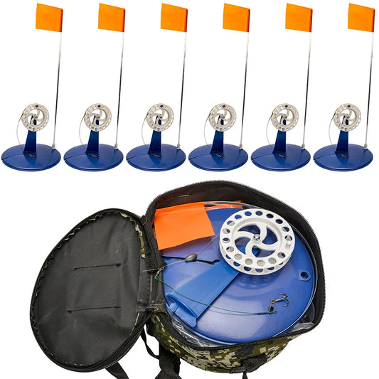 6pcs Ice Fishing Flag Convenient Braking System Tip Up Ice Fishing Pole Hands Free with Fishing Bag for Saltwater Freshwater