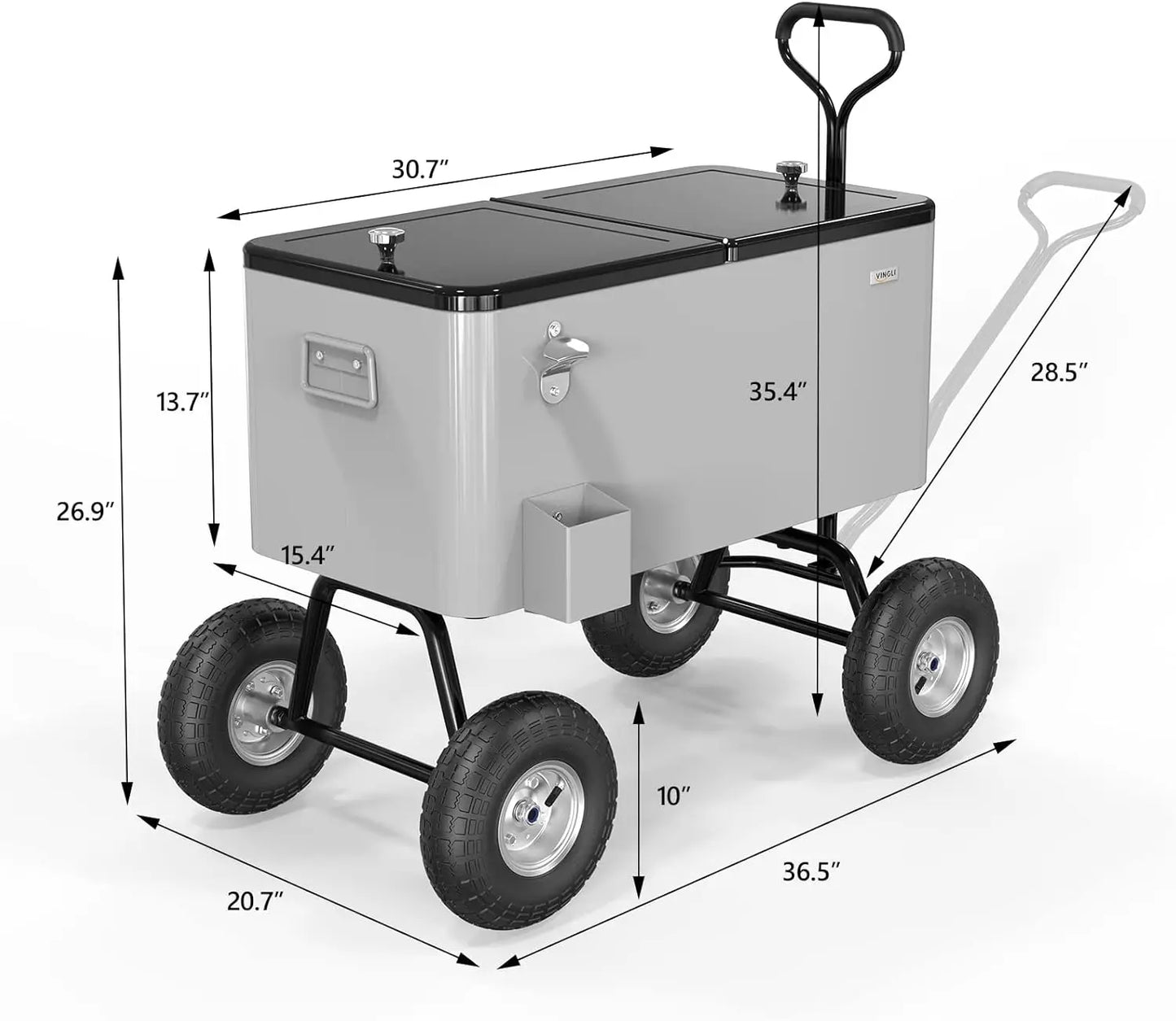 80 Quart Wagon Rolling Cooler Ice Chest, w/Long Handle and 10" Wheels, Portable Beach Patio Party Bar Cold Drink Beverage