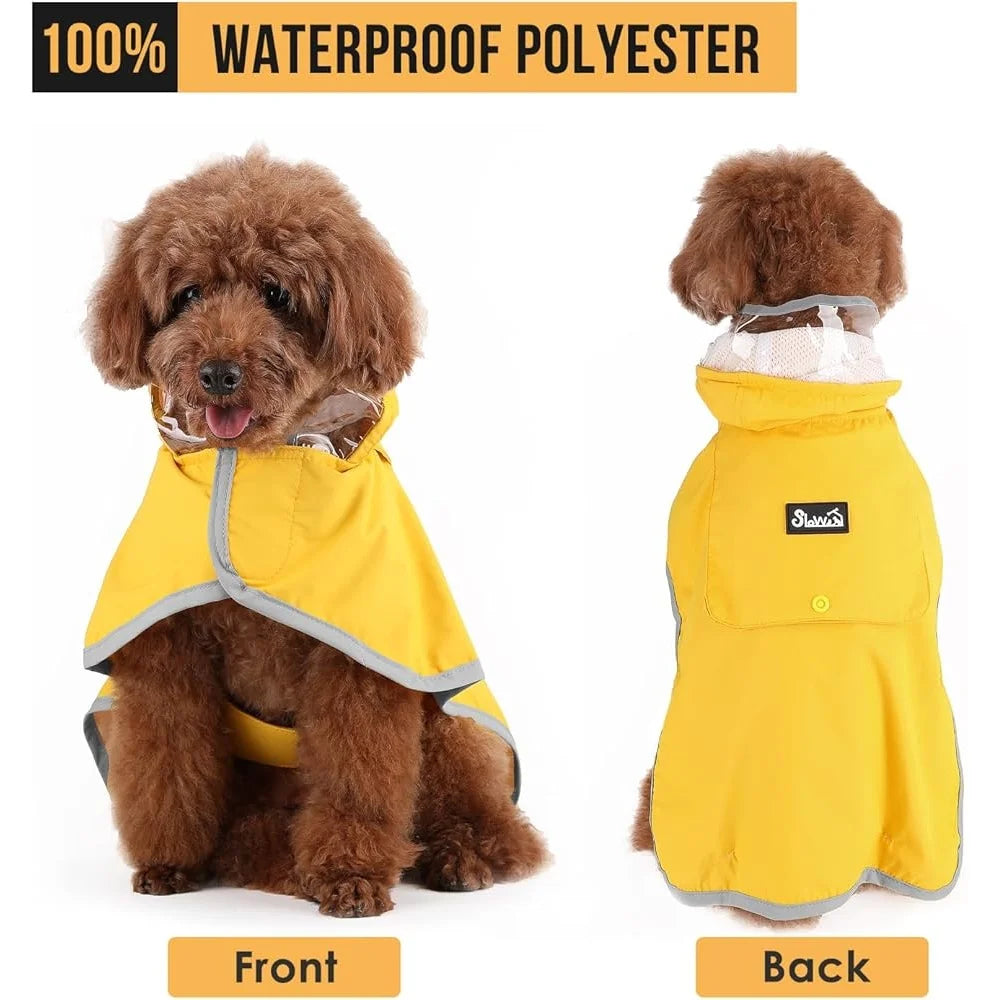 Dog Raincoat Adjustable Waterproof Jacket with Reflective Strips Transparent Hood Storage Pocket Small Medium Large Dogs