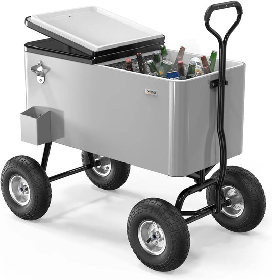 80 Quart Wagon Rolling Cooler Ice Chest, w/Long Handle and 10" Wheels, Portable Beach Patio Party Bar Cold Drink Beverage