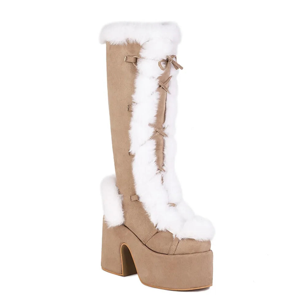 GIGIFOX Fur Super Chunky Heeled Platform Boots For Women