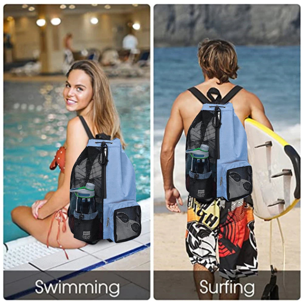 Mesh Drawstring Backpack Swimming Sports Bag Waterproof Drawstring Gym Bag Adjustable Strap for School Beach Holidays