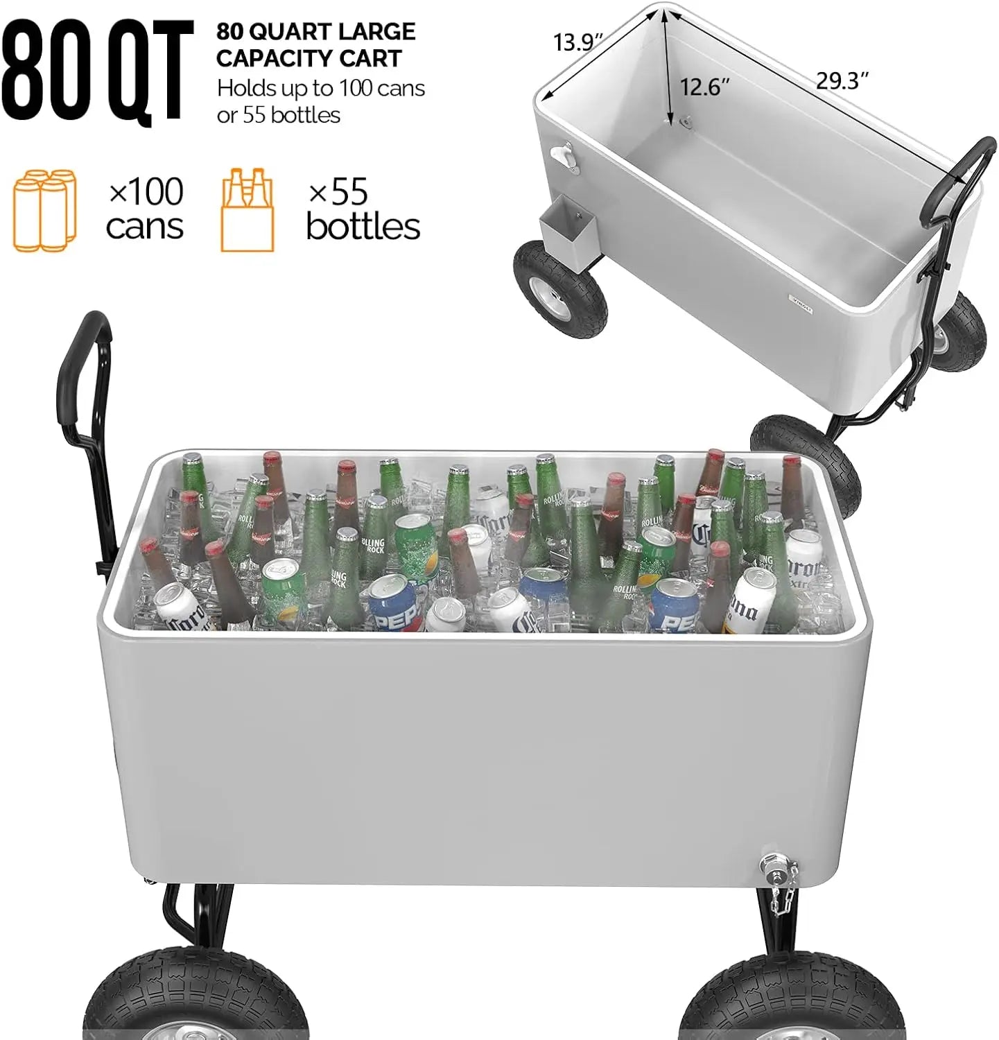 80 Quart Wagon Rolling Cooler Ice Chest, w/Long Handle and 10" Wheels, Portable Beach Patio Party Bar Cold Drink Beverage