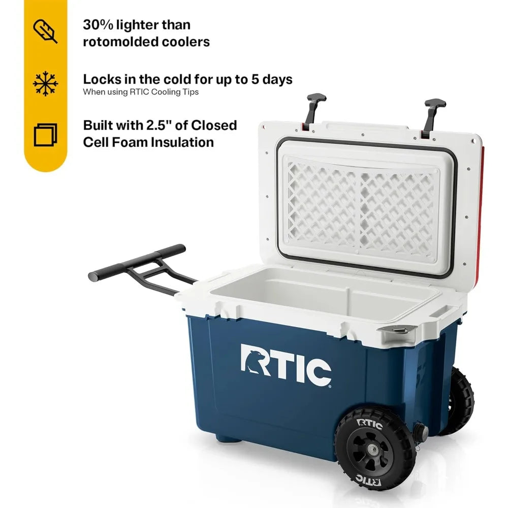 52 Quart Ultra-Light Wheeled Hard Cooler Insulated Portable Ice Chest Box for Beach, Drink, Beverage, Camping, Picnic