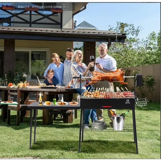Portable Charcoal Grill with Rotisserie and Detachable Table