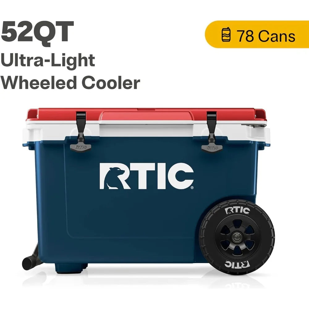 52 Quart Ultra-Light Wheeled Hard Cooler Insulated Portable Ice Chest Box for Beach, Drink, Beverage, Camping, Picnic