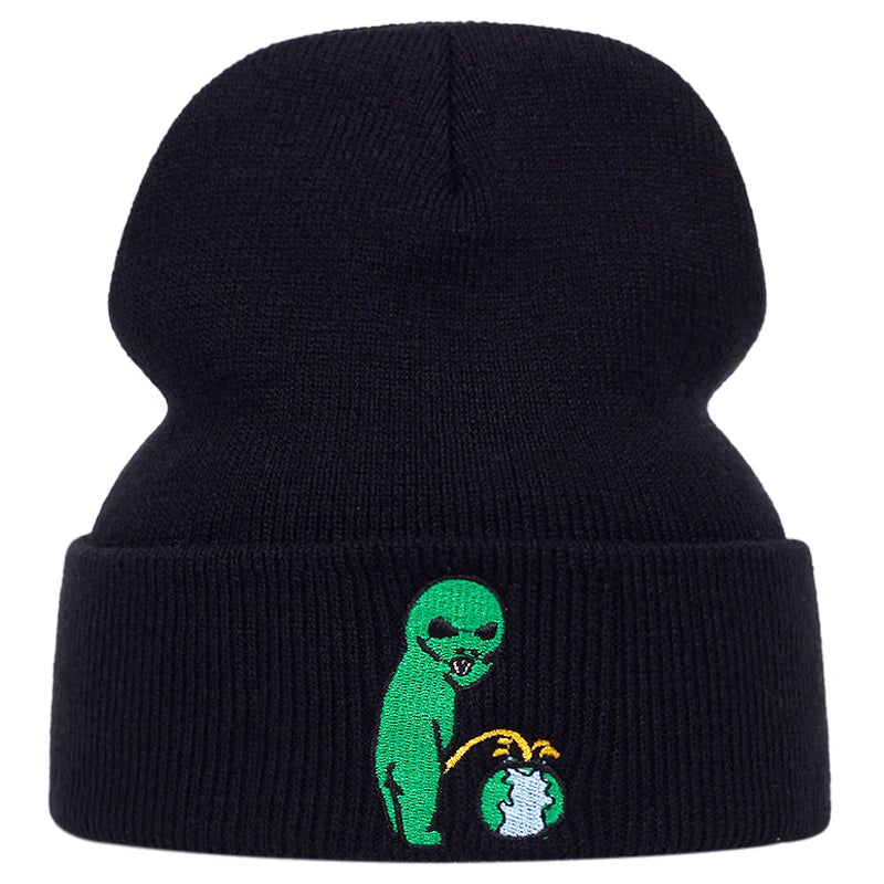 CN Zhejiang Alien Embroidery Beanie Hat Unisex Warm Winter Cap