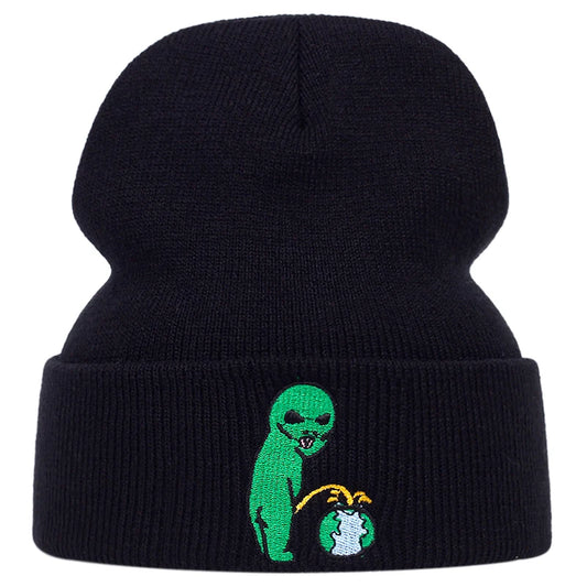 CN Zhejiang Alien Embroidery Beanie Hat Unisex Warm Winter Cap