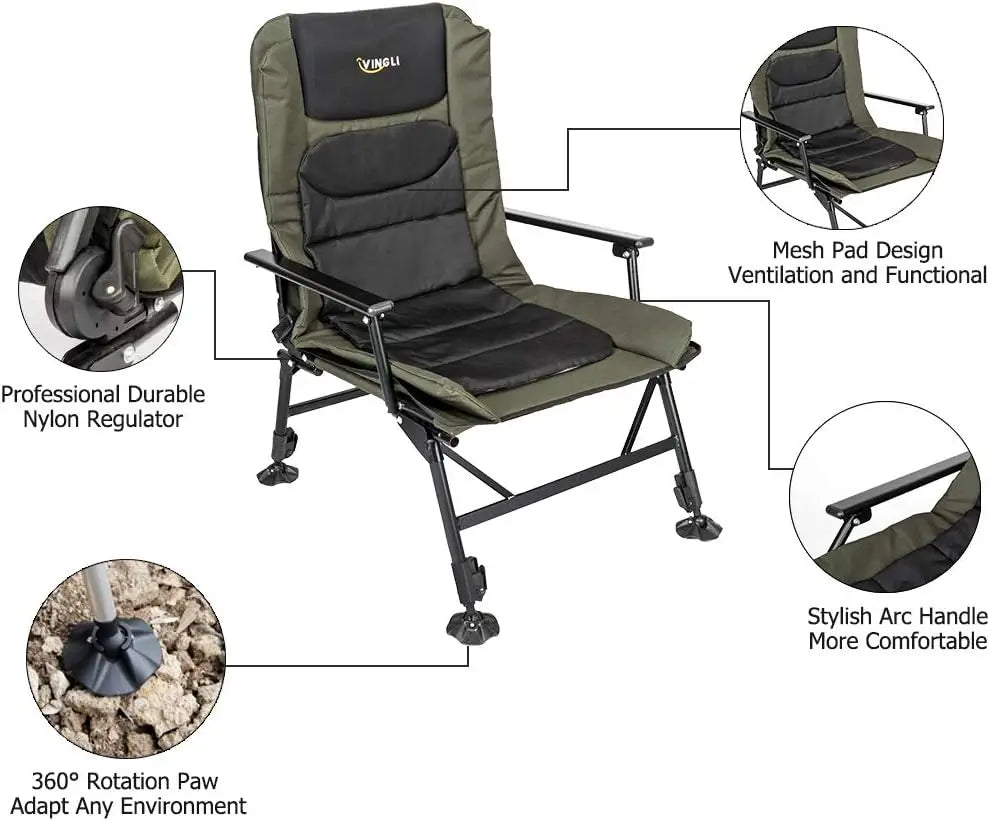 Heavy Duty Fishing Chair with Footrest Support 440 LBS, Oversized Camping Chairs with 160° Adjustable High Back, Beach Chair