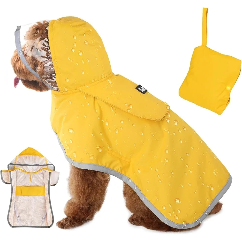 Dog Raincoat Adjustable Waterproof Jacket with Reflective Strips Transparent Hood Storage Pocket Small Medium Large Dogs