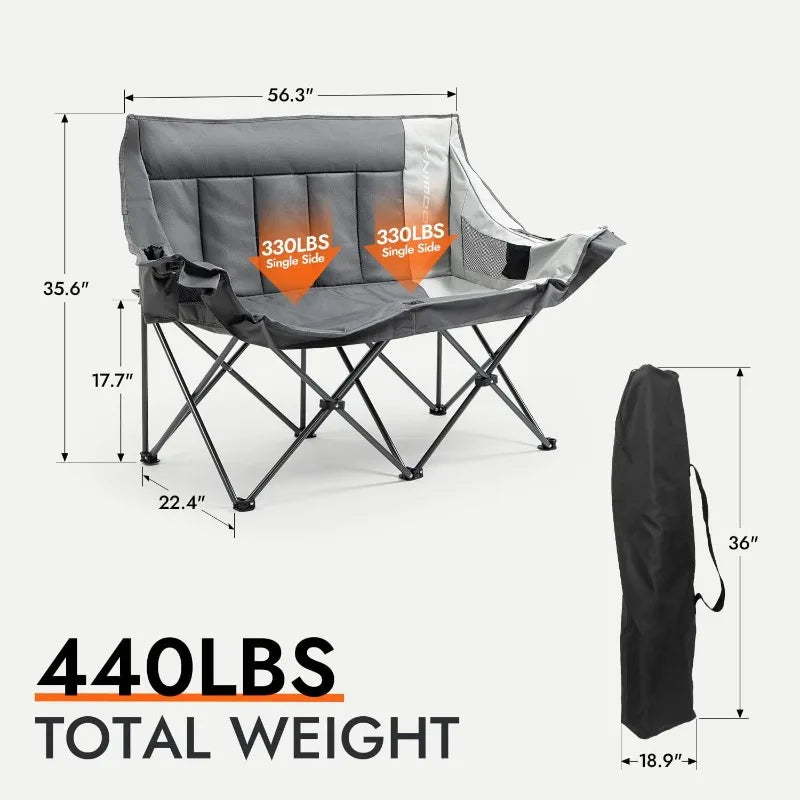 Dowinx Double Camping Chair Loveseat, Portable Folding Outdoor Lawn Chair with Padded Seats, Armrests, Side Pockets,
