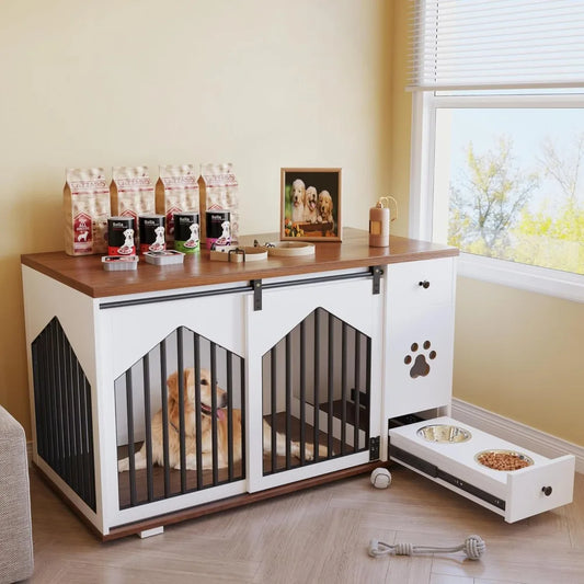 Hign Concerned Wooden Dog Crate Furniture With Feeder