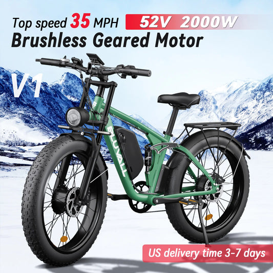 52V 2000W Dual Motor Fat Tire Electric Bicycle 26x4.0 Snow Beach Bike 8 Speed Full Suspension 35MPH Long Range Adults Commuter