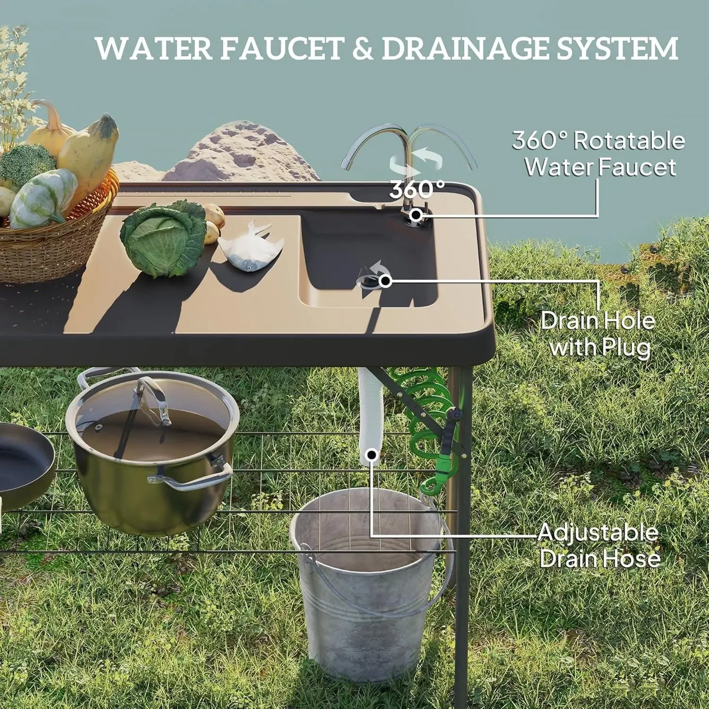 Folding Fish Cleaning Table with Sink,Portable Camping Sink Station with Faucet,Drainage Hose,Sprayer,Grid Rack and Knife Groove
