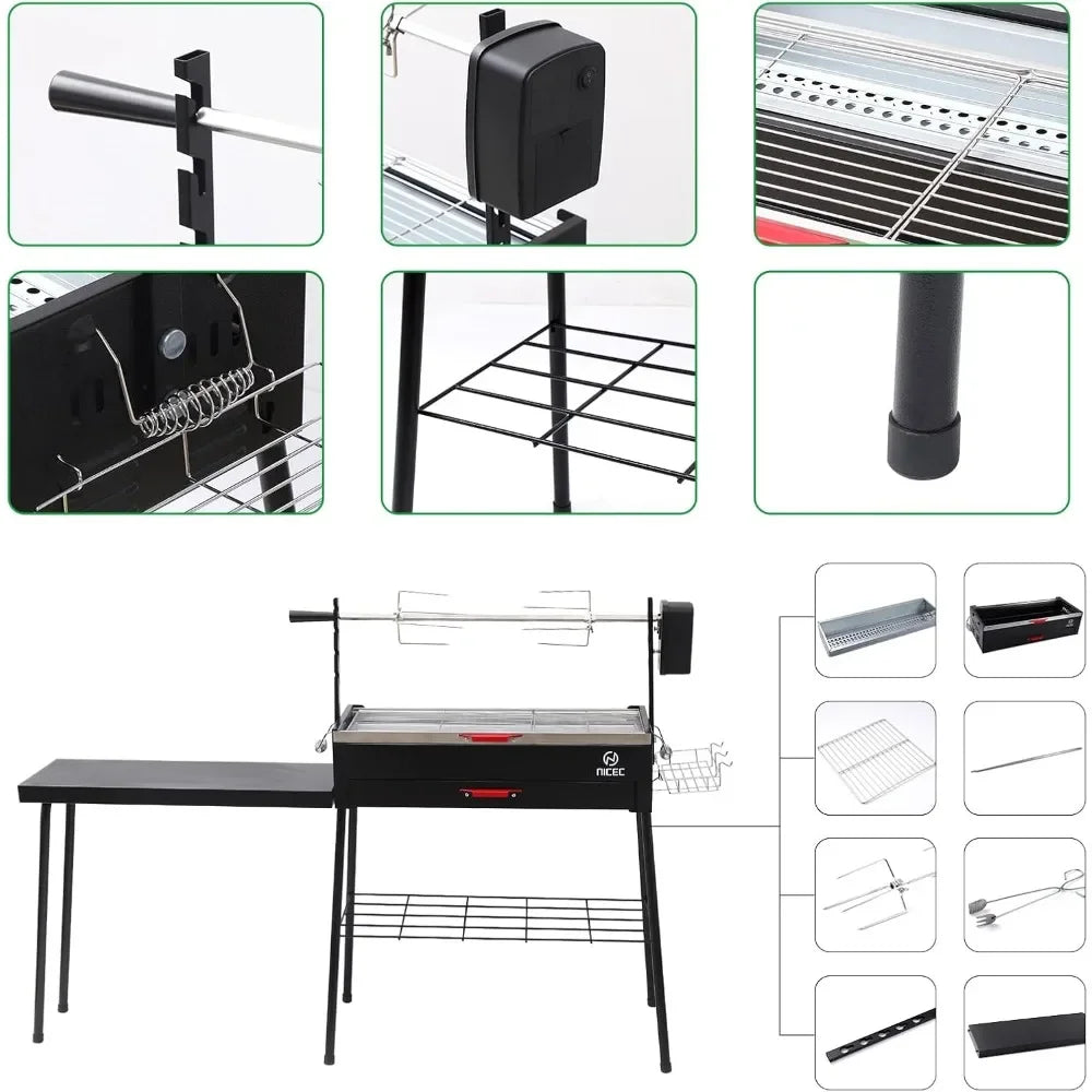 Portable Charcoal Grill with Rotisserie and Detachable Table