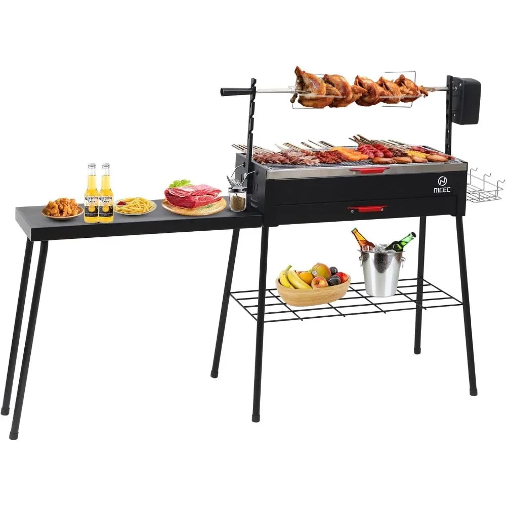 Portable Charcoal Grill with Rotisserie and Detachable Table