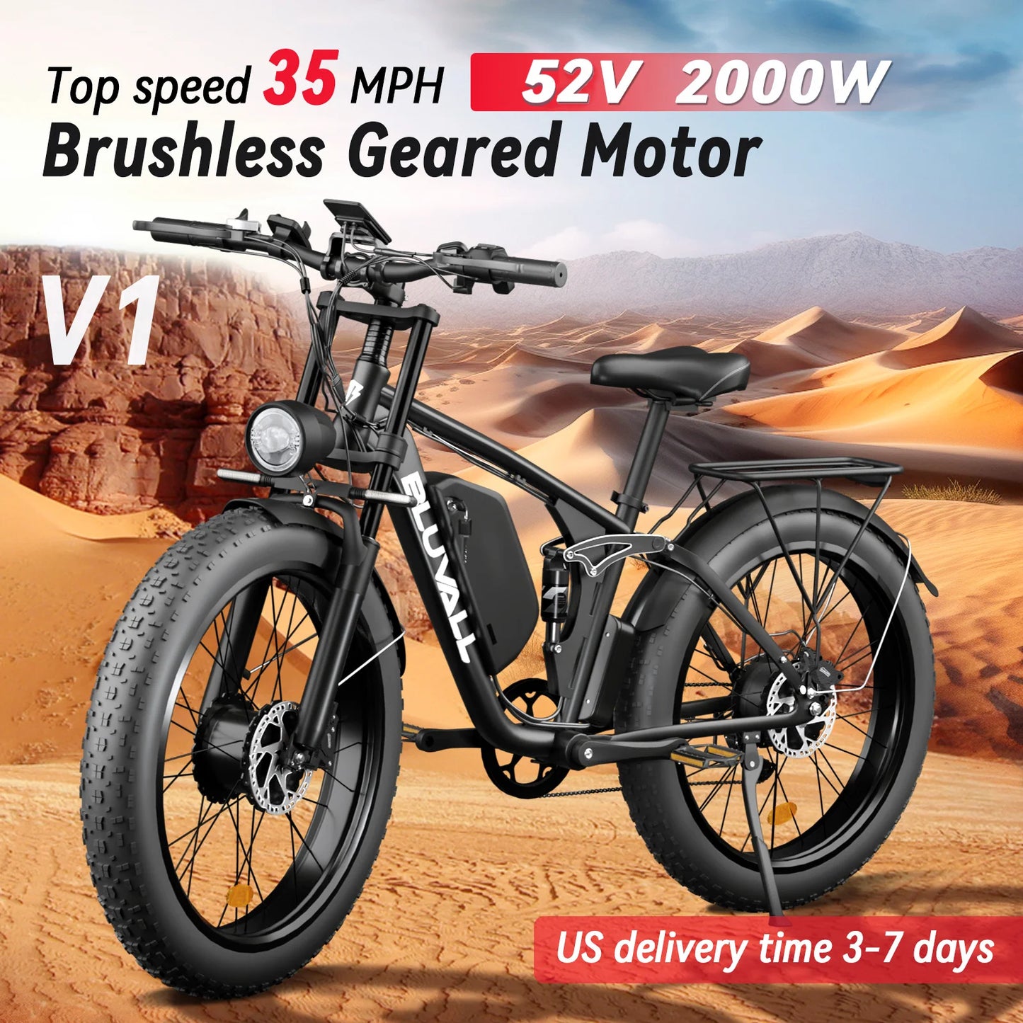 52V 2000W Dual Motor Fat Tire Electric Bicycle 26x4.0 Snow Beach Bike 8 Speed Full Suspension 35MPH Long Range Adults Commuter