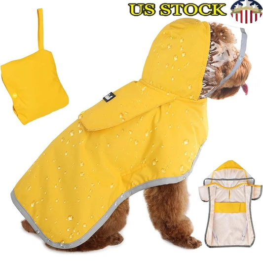 Dog Raincoat Adjustable Waterproof Jacket with Reflective Strips Transparent Hood Storage Pocket Small Medium Large Dogs