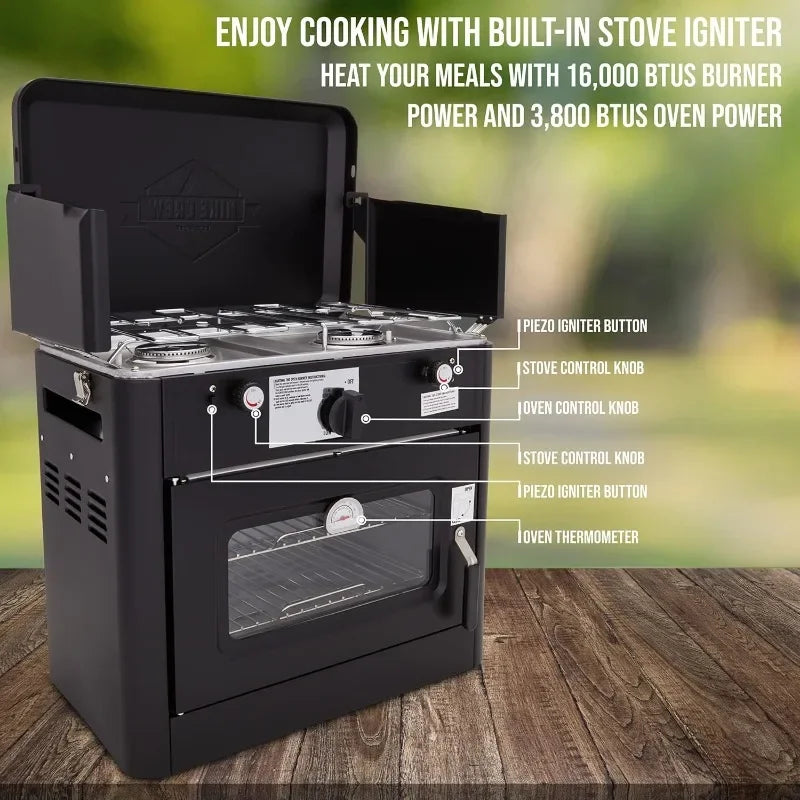 Gas Camping Oven w/Carry Bag | CSA Approved Portable Propane-Powered 2-Burner Stove & Auto Ignition, Overheat Safety Shutoff