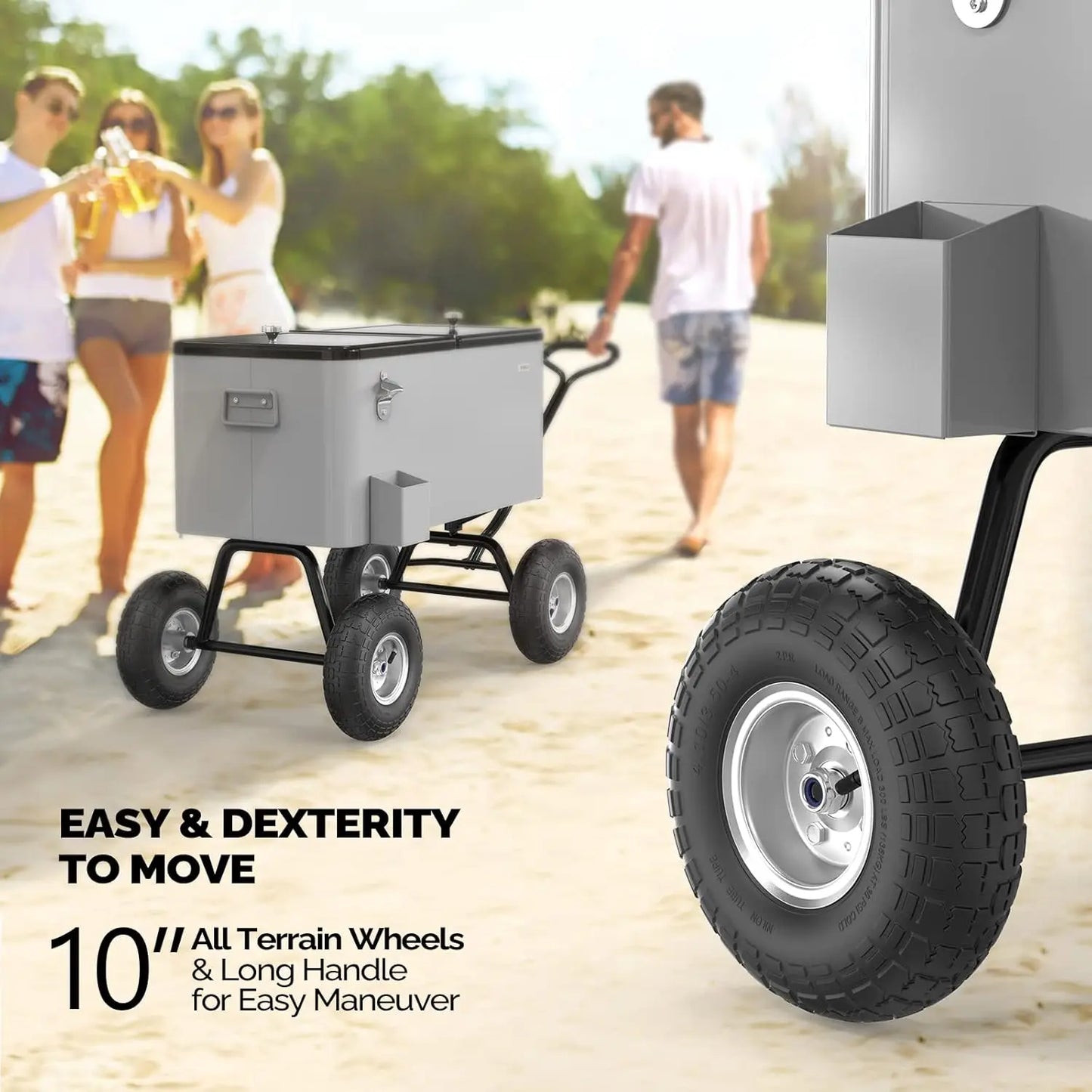 80 Quart Wagon Rolling Cooler Ice Chest, w/Long Handle and 10" Wheels, Portable Beach Patio Party Bar Cold Drink Beverage