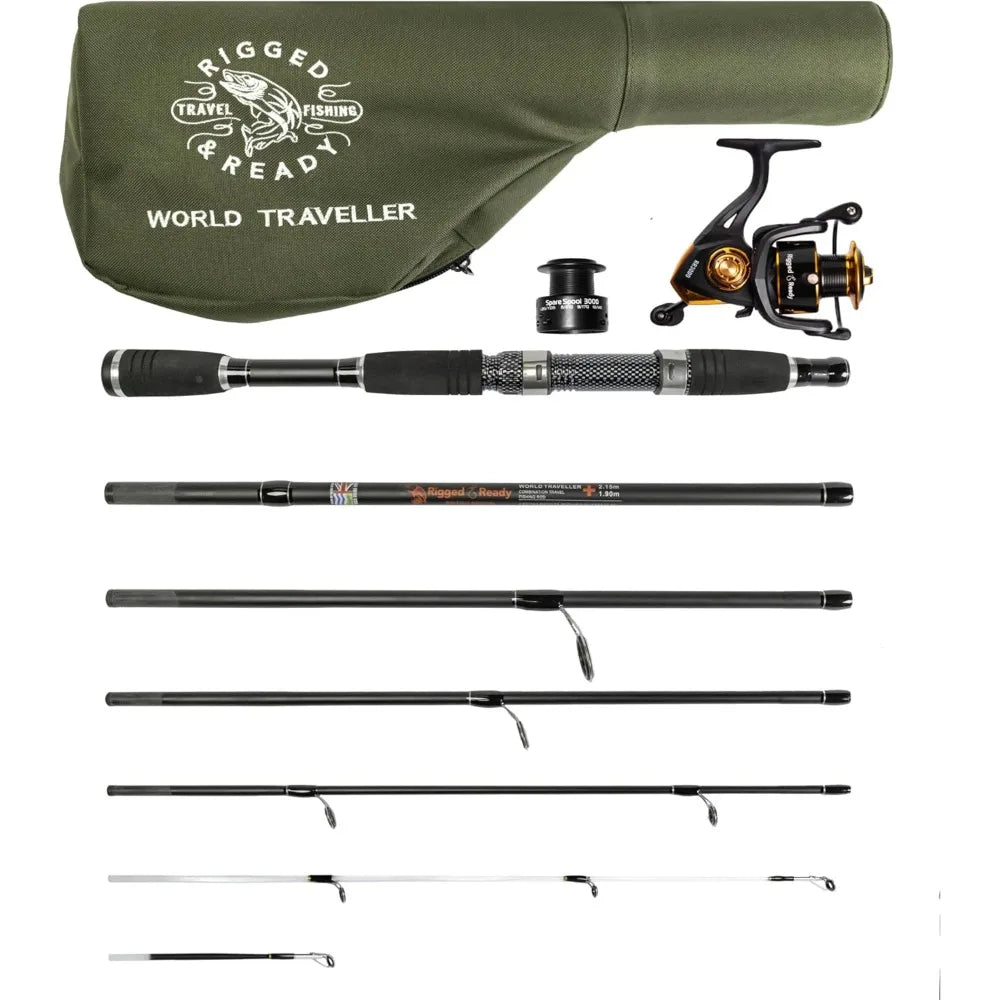Travel Fishing rod & Reel & Case collection. Compact 6 sections, 2 tips. Ultra-compact carrying size
