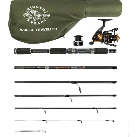 Travel Fishing rod & Reel & Case collection. Compact 6 sections, 2 tips. Ultra-compact carrying size