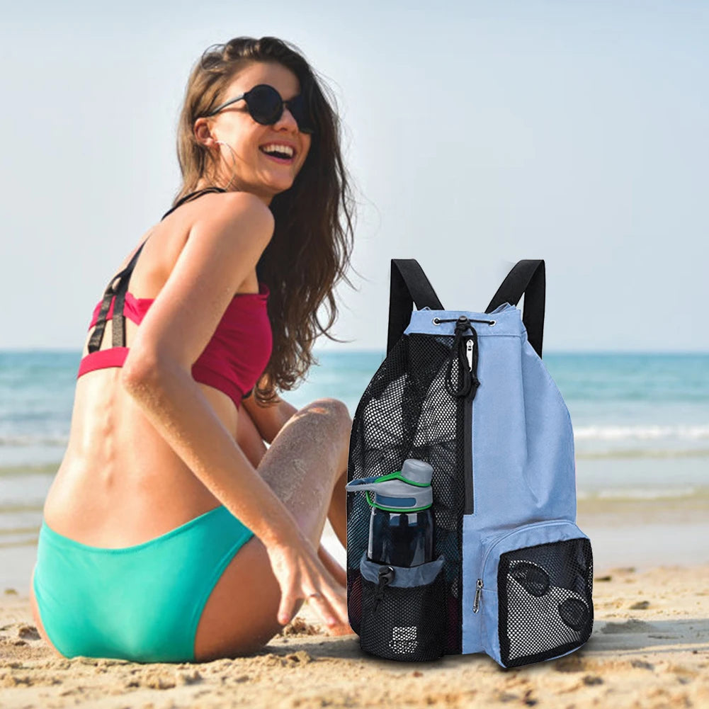 Mesh Drawstring Backpack Swimming Sports Bag Waterproof Drawstring Gym Bag Adjustable Strap for School Beach Holidays