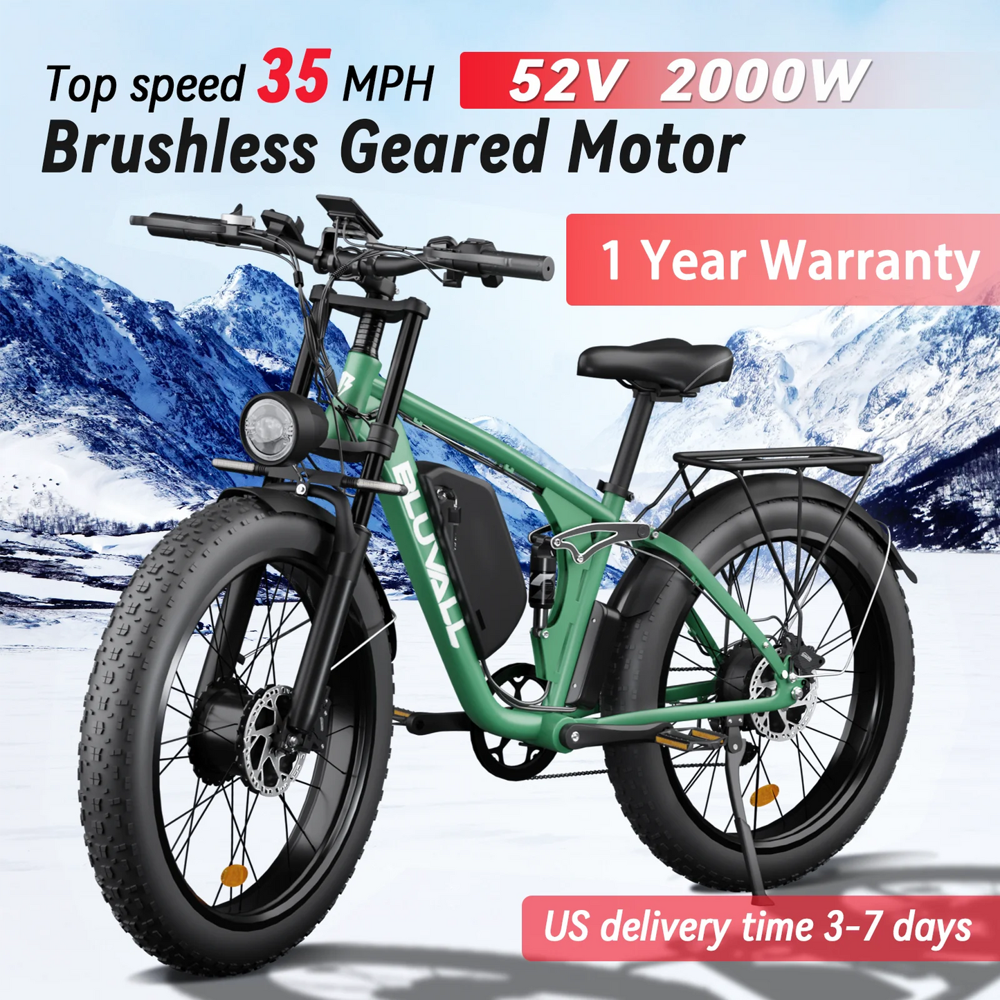 52V 2000W Dual Motor Fat Tire Electric Bicycle 26x4.0 Snow Beach Bike 8 Speed Full Suspension 35MPH Long Range Adults Commuter