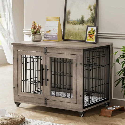 PEISI Wooden Dog Crate Furniture With Cushion And Wheels