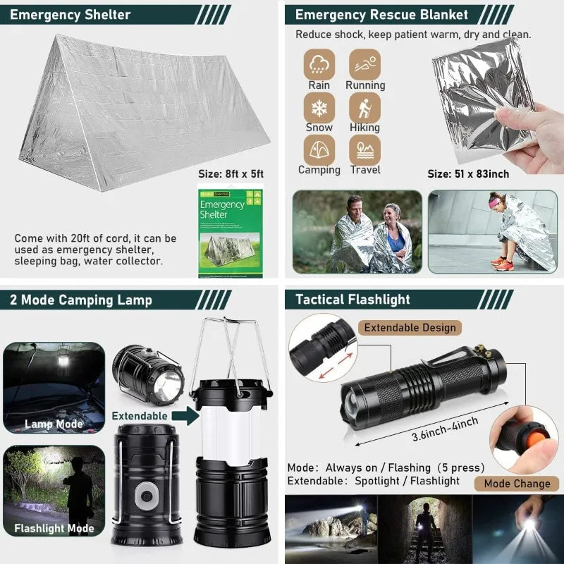 262Pcs Survival Gear and Supplies with First Aid Kit Pouch and Crossbody Bag, Emergency Kit with Tent, Camping Axe