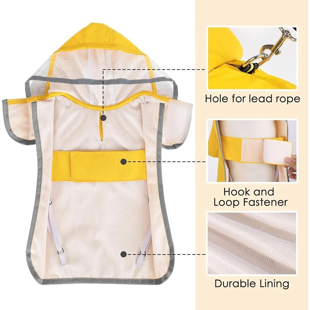 Dog Raincoat Adjustable Waterproof Jacket with Reflective Strips Transparent Hood Storage Pocket Small Medium Large Dogs