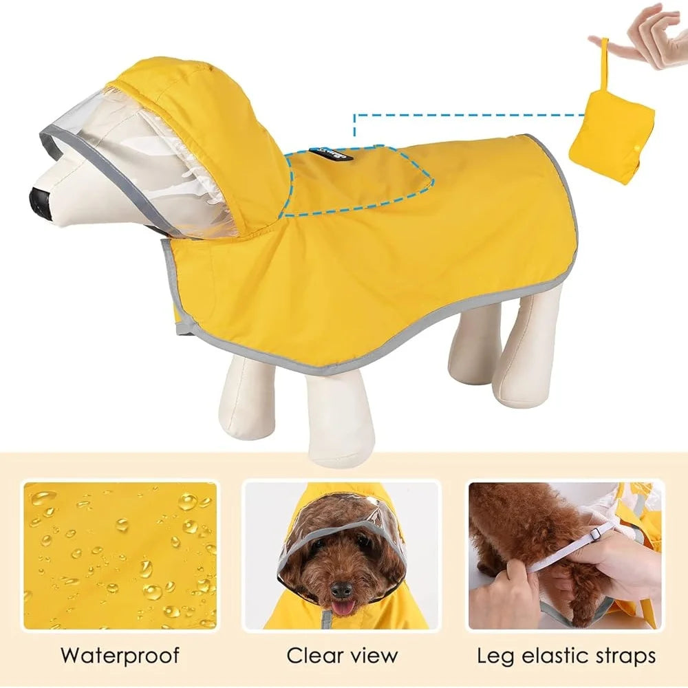 Dog Raincoat Adjustable Waterproof Jacket with Reflective Strips Transparent Hood Storage Pocket Small Medium Large Dogs