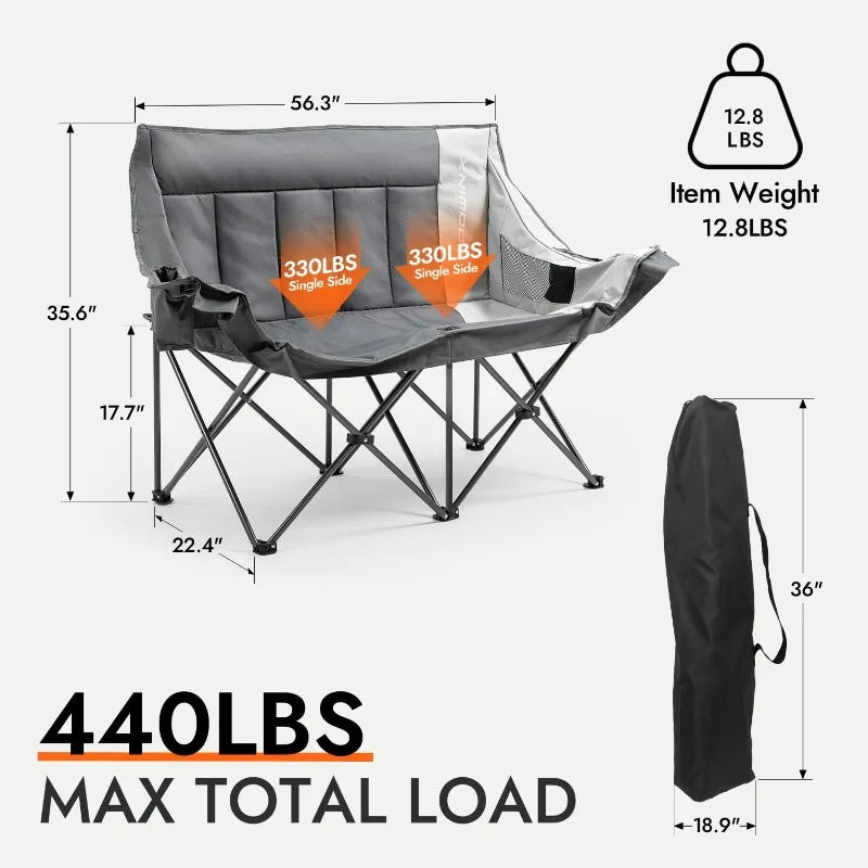 Dowinx Double Camping Chair Loveseat, Portable Folding Outdoor Lawn Chair with Padded Seats, Armrests, Side Pockets,