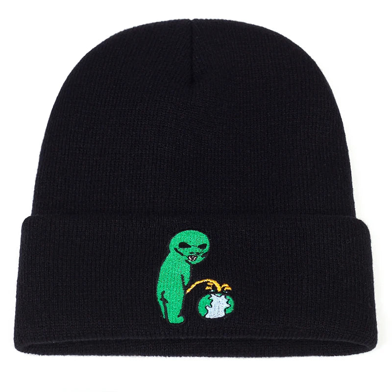 CN Zhejiang Alien Embroidery Beanie Hat Unisex Warm Winter Cap