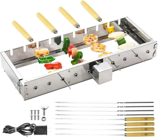 Auto Rotating Rotisserie Grill Rack Set - Stainless Steel Kabob Grill with 10 Skewers. USB Powered