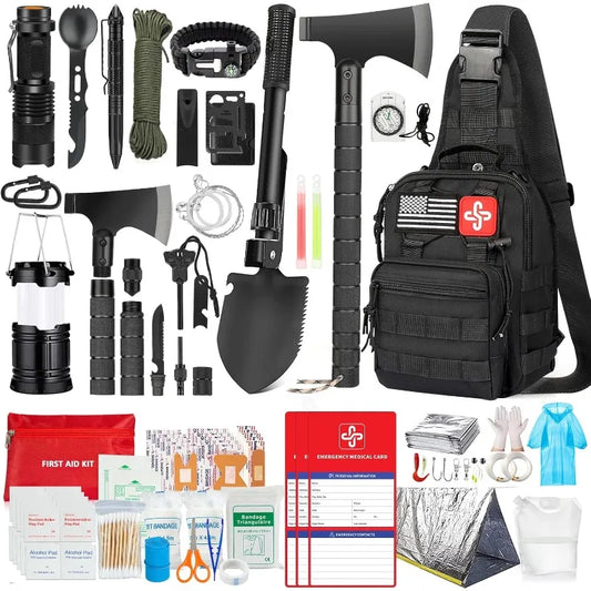 262Pcs Survival Gear and Supplies with First Aid Kit Pouch and Crossbody Bag, Emergency Kit with Tent, Camping Axe