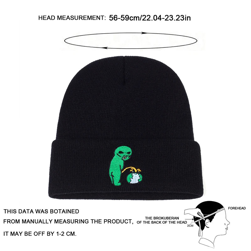 CN Zhejiang Alien Embroidery Beanie Hat Unisex Warm Winter Cap